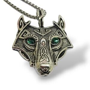 Antiqued Silvertone Green Rhinestone Eyes Celtic Wolf Head Pendant 22"